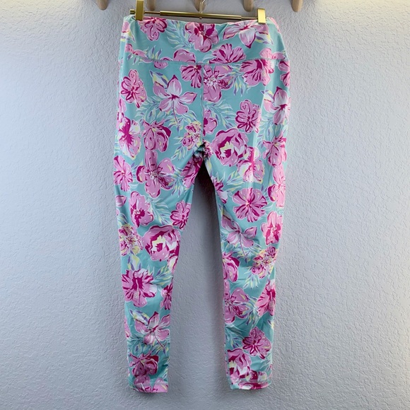 Simply Southern Tropical Floral Pink and Blue Leggings With Pockets Medium - Picture 5 of 9